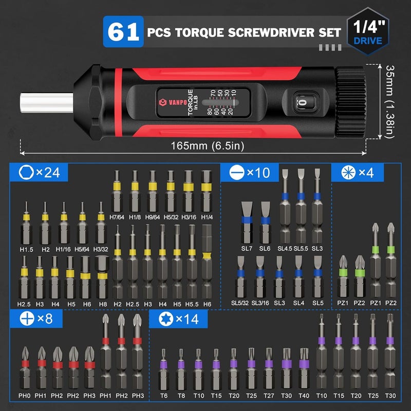 VANPO Torque Screwdriver, 10-80In-lb Torque Screw Driver Wrench Driver Set, 1/4” Drive Inch Pounds Torque Wrench Screwdriver with 60 S2 Bits for Maintenance, Tools, DIY, Bike Repairing and Mounting - Image 2